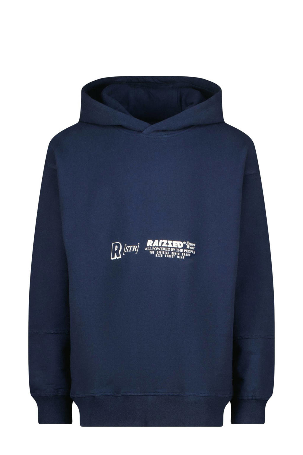 Donkerblauwe jongens Raizzed hoodie van sweat materiaal met printopdruk, lange mouwen en capuchon