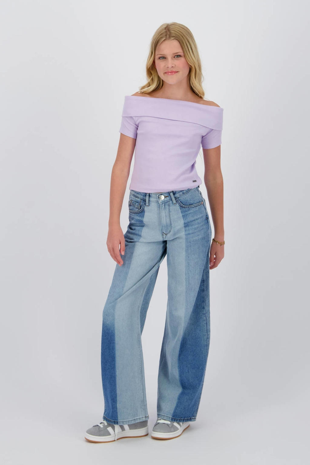 Lilakleurige meisjes Raizzed off shoulder top met korte mouwen