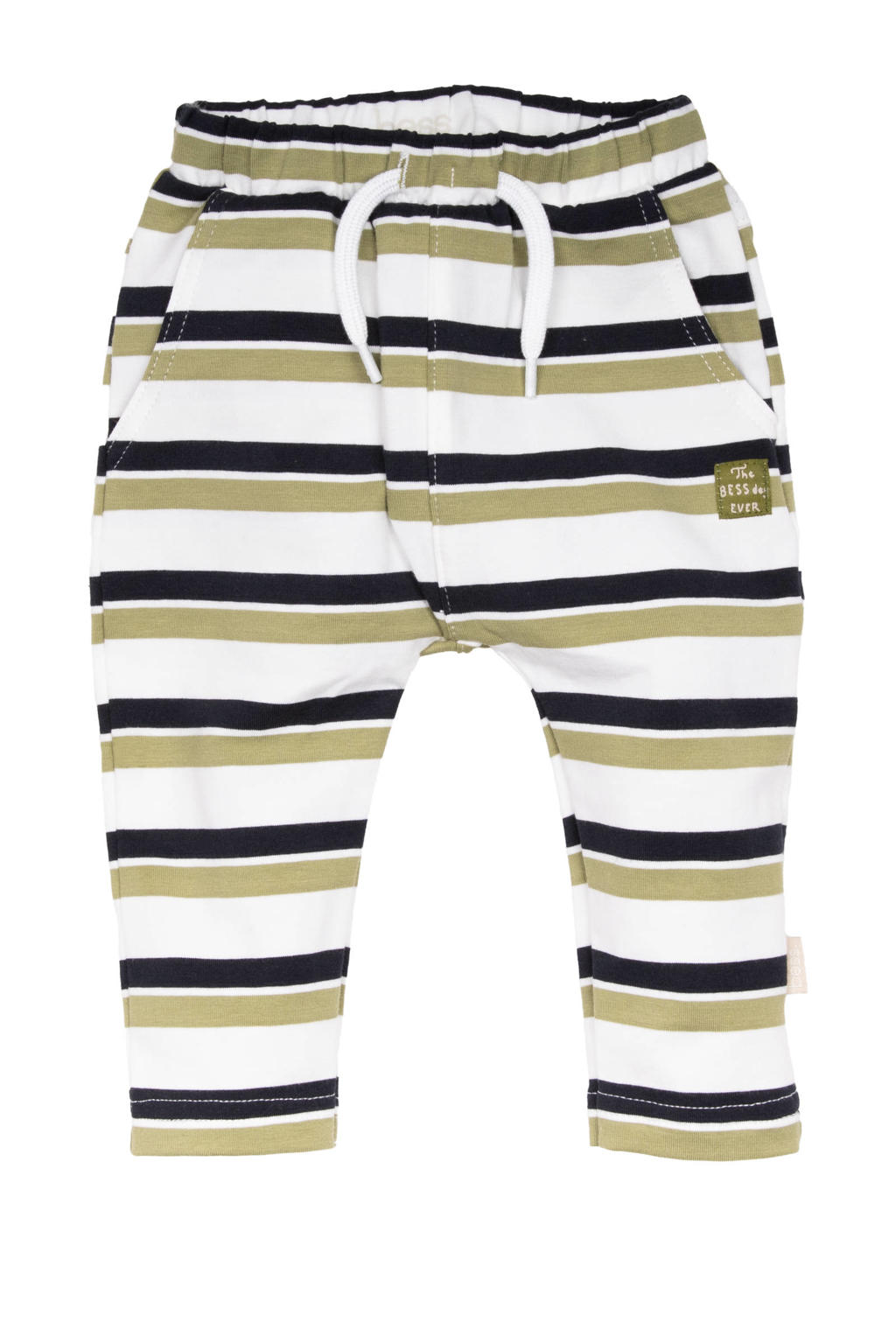 Wit, olijfgroen en zwarte jongens BESS regular babybroek van stretchkatoen met elastische tailleband met koord en strepenprint