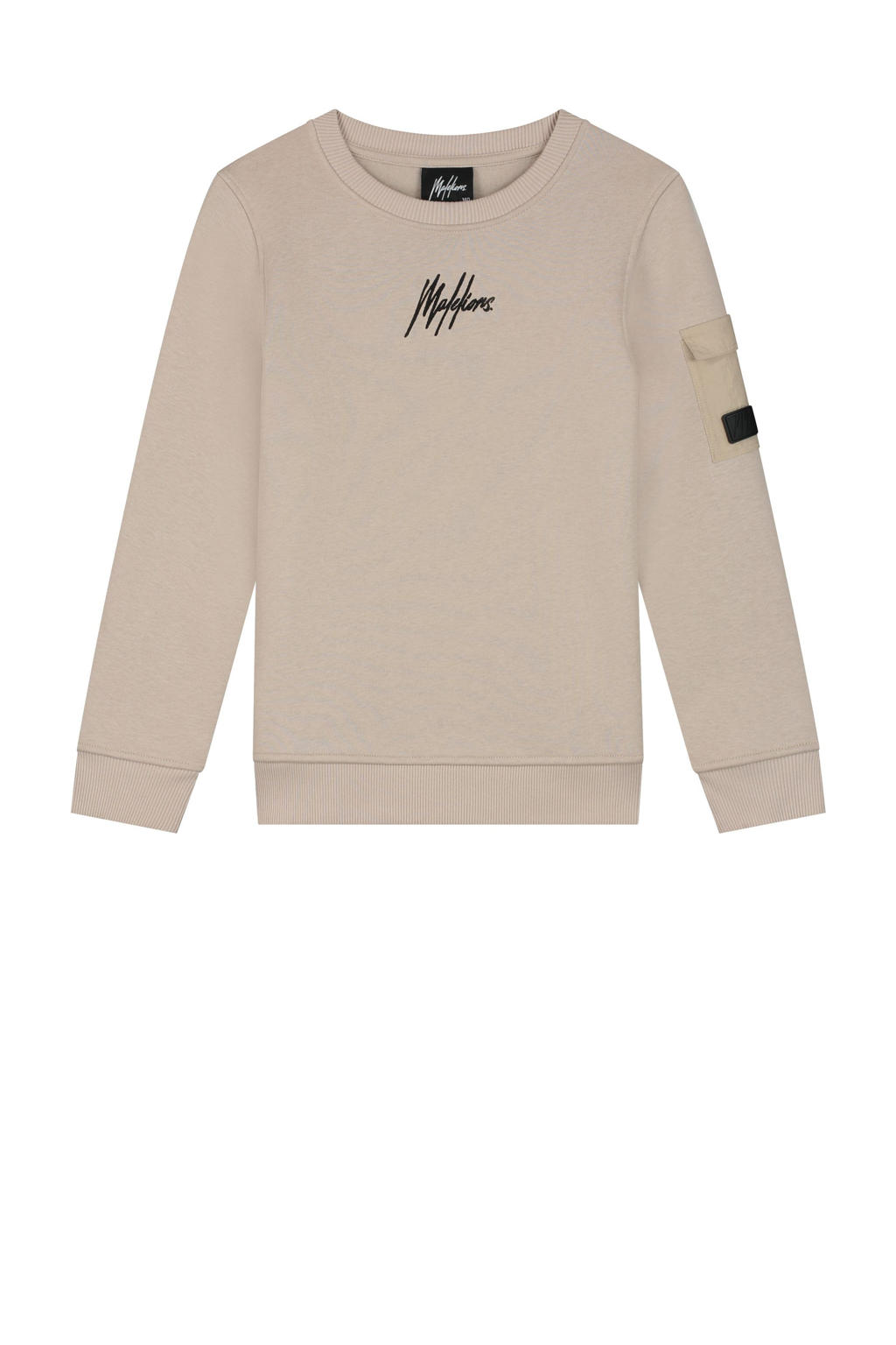 Beige jongens Malelions sweater van katoen met effen, lange mouwen en ronde hals