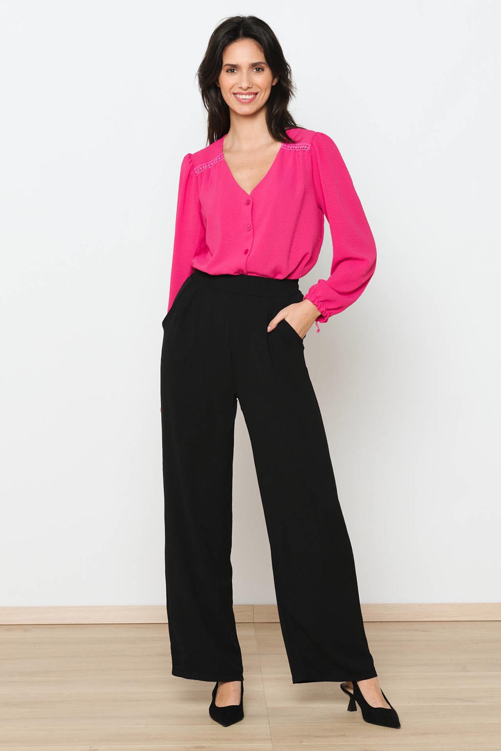 Zwarte dames LOLALIZA wide leg high waist pantalon met effen