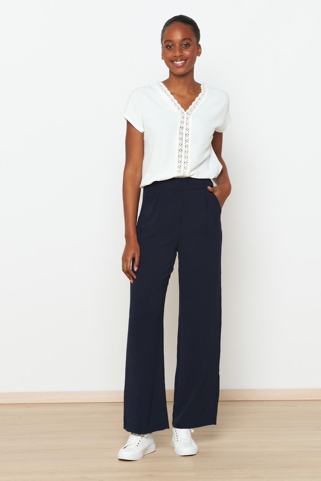 Donkerblauwe dames LOLALIZA wide leg high waist pantalon van polyester met elastische tailleband en effen