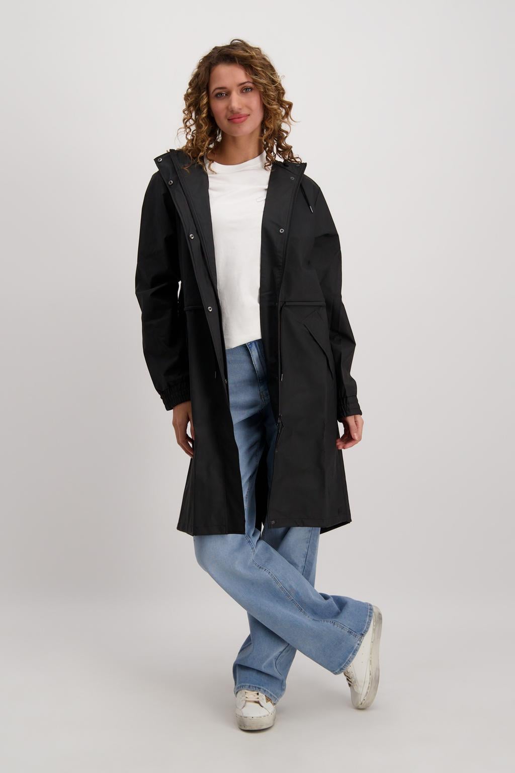 Zwarte dames Cars regenjas van polyester met effen, lange mouwen, capuchon en drukknoopsluiting