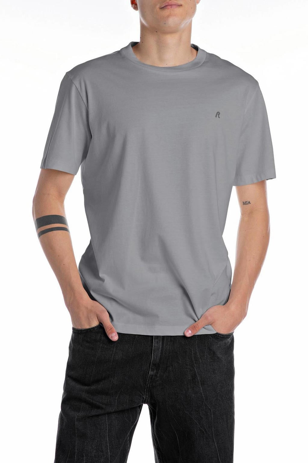 Grijze heren REPLAY T-shirt lead van katoen met effen, korte mouwen en ronde hals