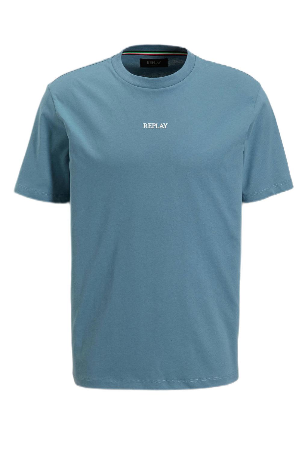 Blauwe heren REPLAY regular fit t-shirt van katoen met logo dessin, korte mouwen en ronde hals