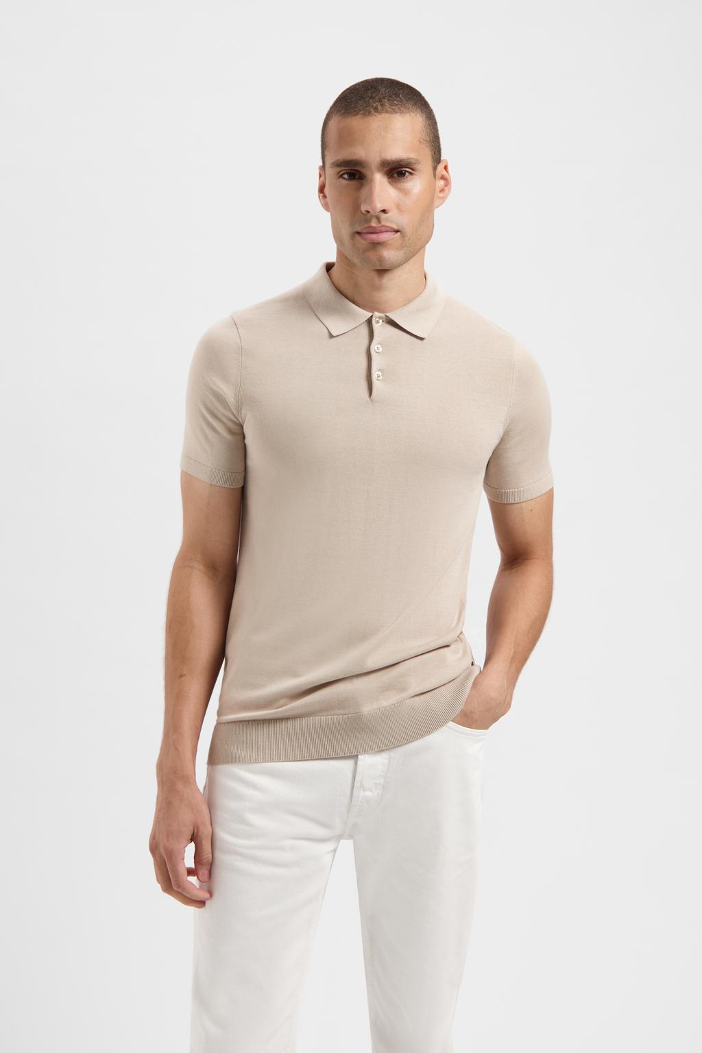 Beige heren Saint Steve polo gebreid van katoen met effen en korte mouwen