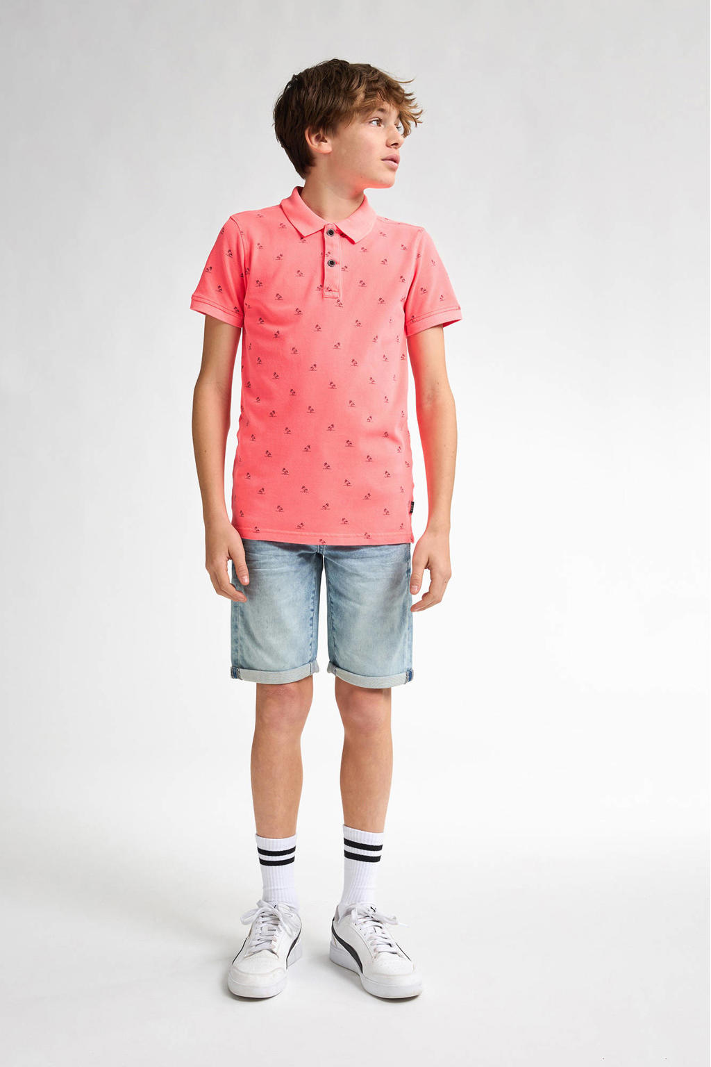 Light blue denim jongens Petrol Industries short van katoen met rits- en knoopsluiting en effen