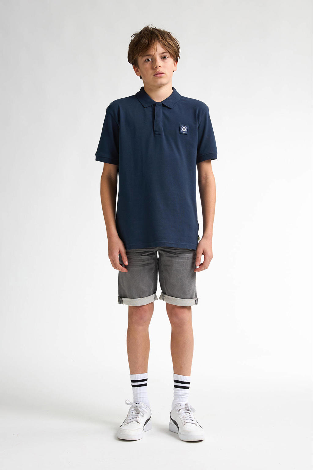 Grey denim jongens Petrol Industries short van katoen met rits- en knoopsluiting en effen
