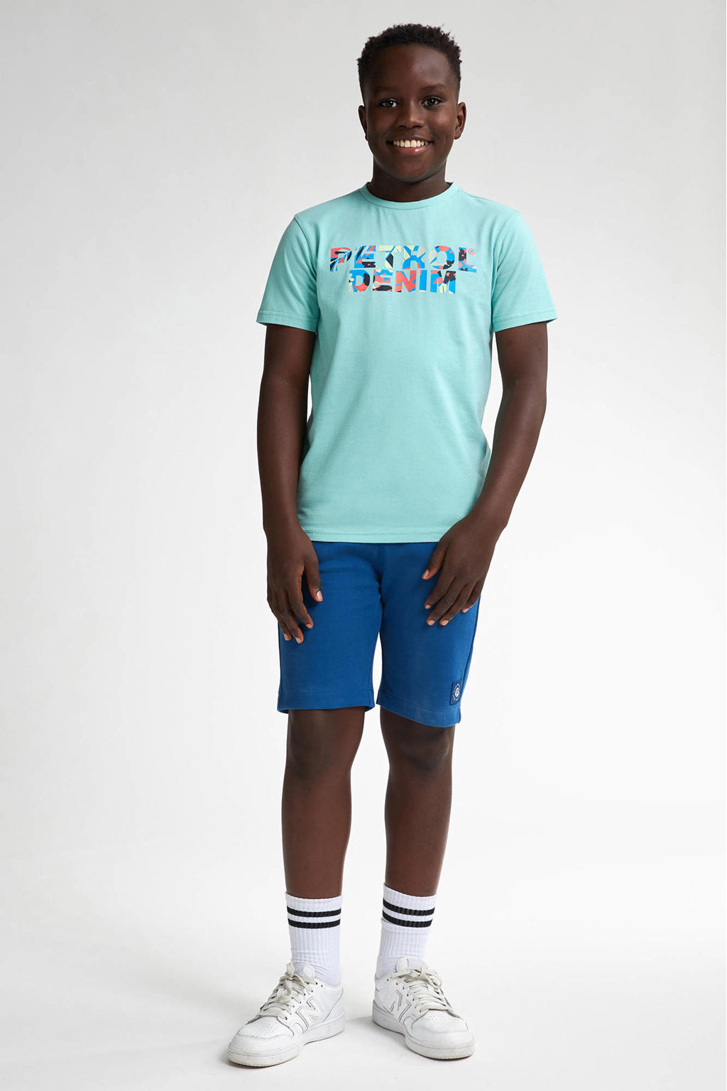 Blauwe jongens Petrol Industries sweatshort van katoen met elastische tailleband met koord en effen