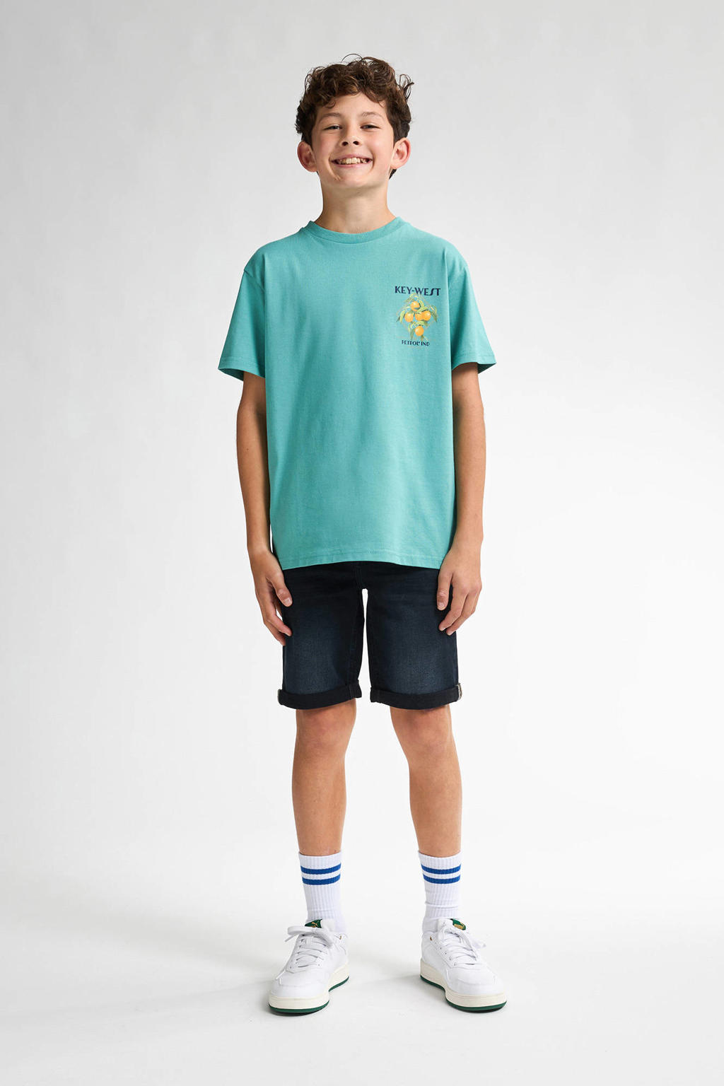 Groen, turquoise en oranje jongens Petrol Industries T-shirt van katoen met logo dessin, korte mouwen en ronde hals
