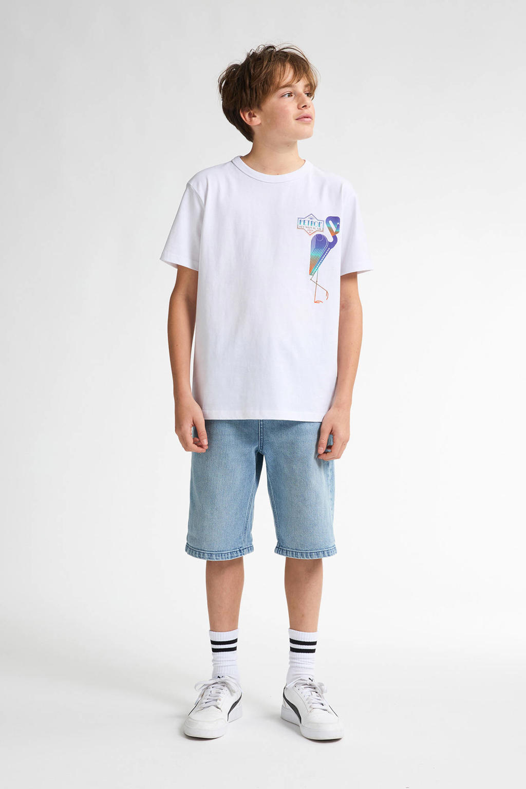 Witte jongens Petrol Industries T-shirt van katoen met backprint, korte mouwen en ronde hals