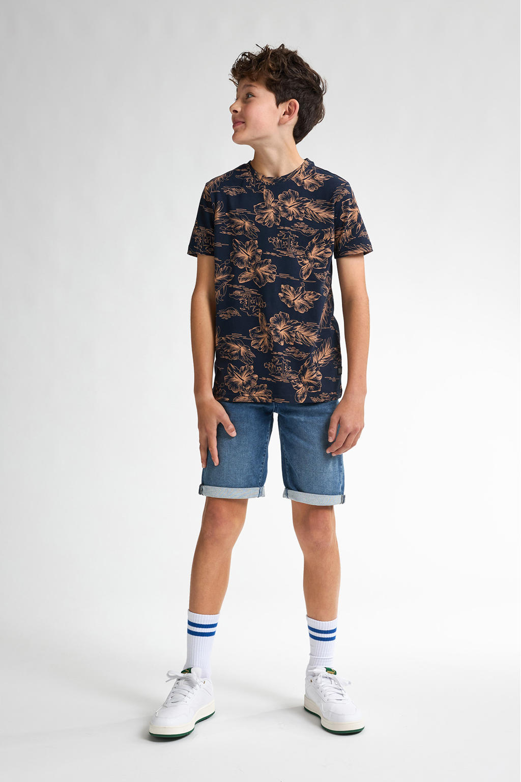 Medium blue denim jongens Petrol Industries short van katoen met rits- en knoopsluiting en effen