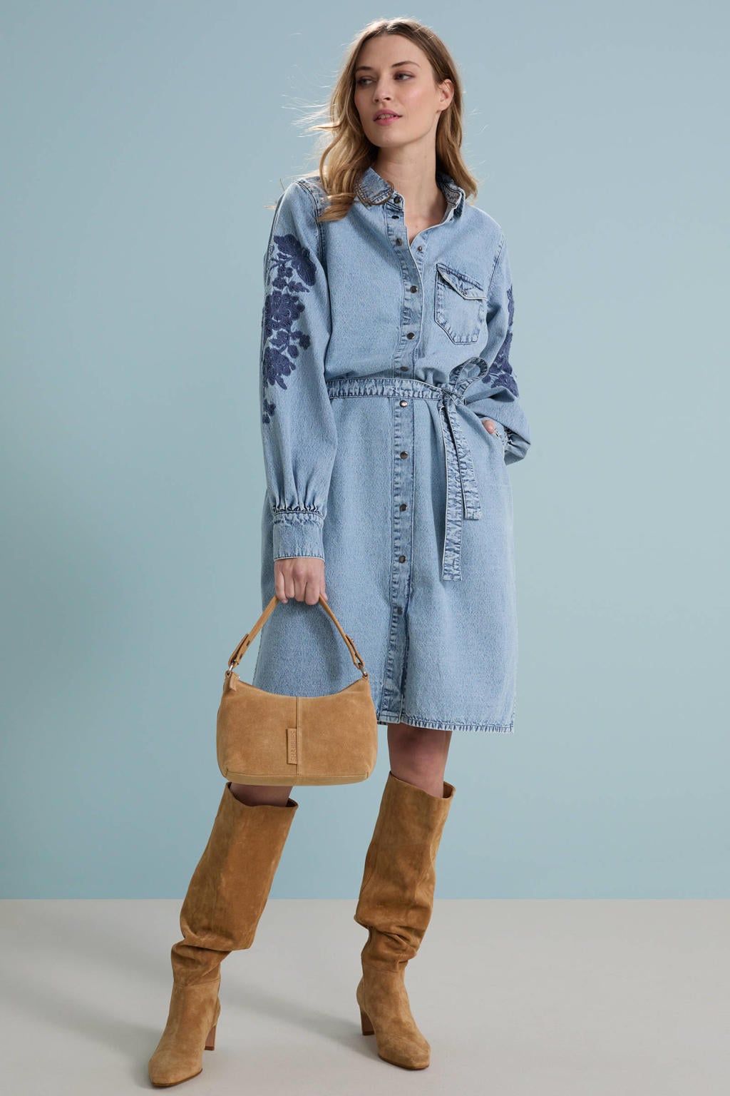 Blauwe dames Miss Etam spijkerjurk van katoen met effen, lange mouwen, klassieke kraag, knoopsluiting en borduursels