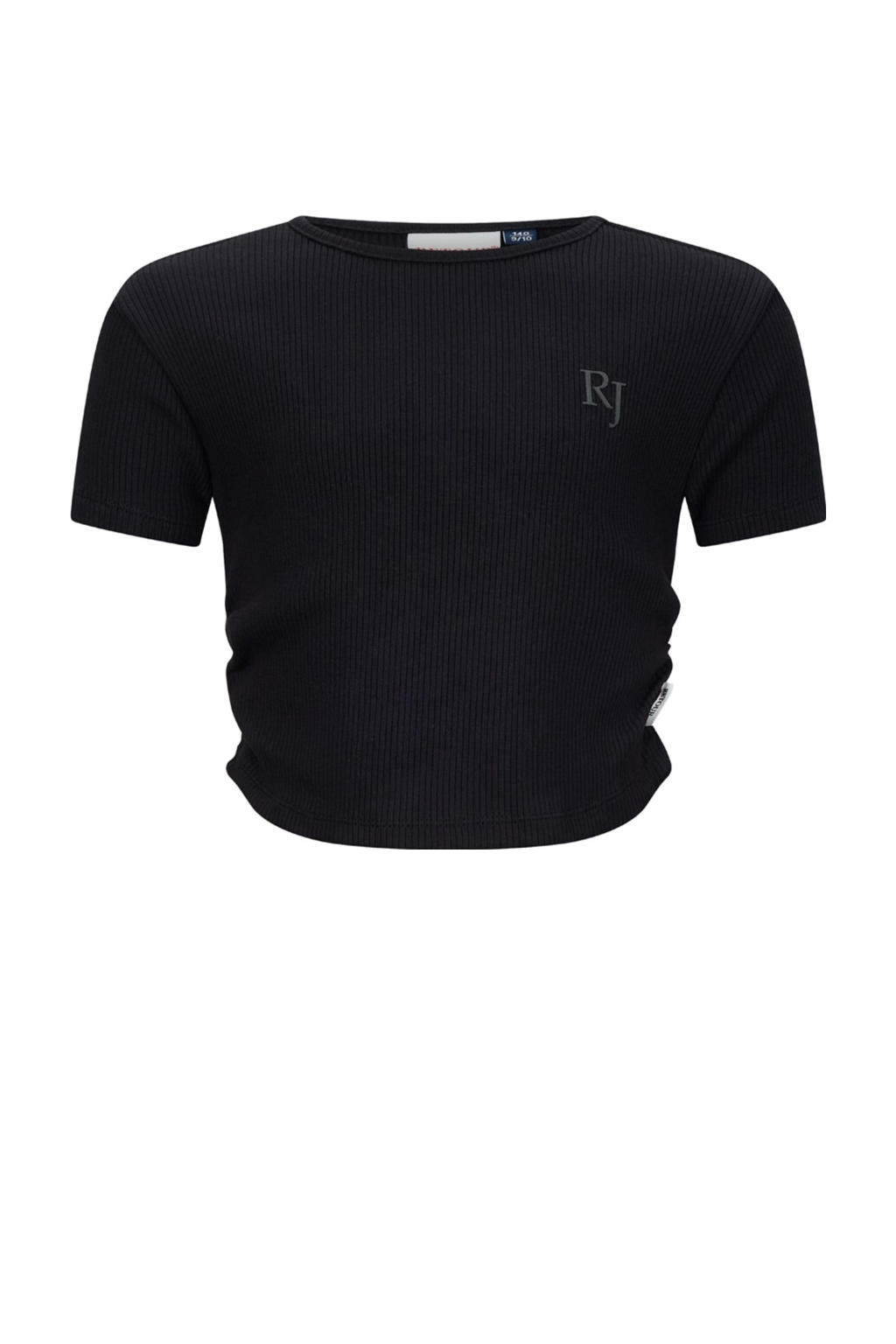 Zwarte meisjes Retour Jeans T-shirt rib gebreid van katoen met effen, korte mouwen, ronde hals en plooien