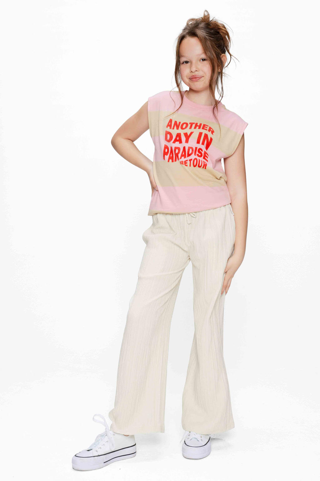 Roze en beige meisjes Retour Jeans T-shirt van katoen met strepenprint en ronde hals