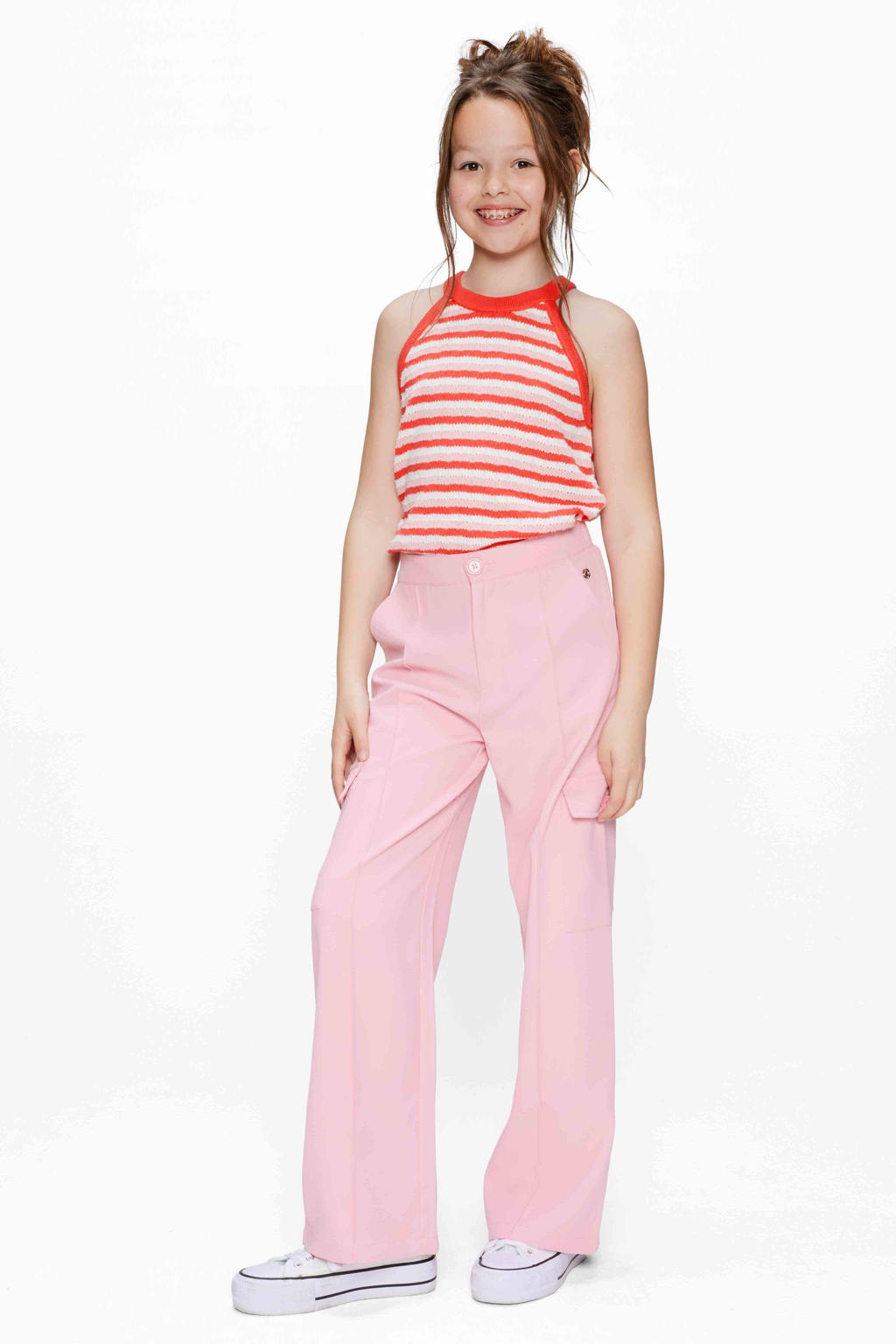 Roze meisjes Retour Jeans loose cargobroek van polyester met regular waist, rits- en knoopsluiting en effen