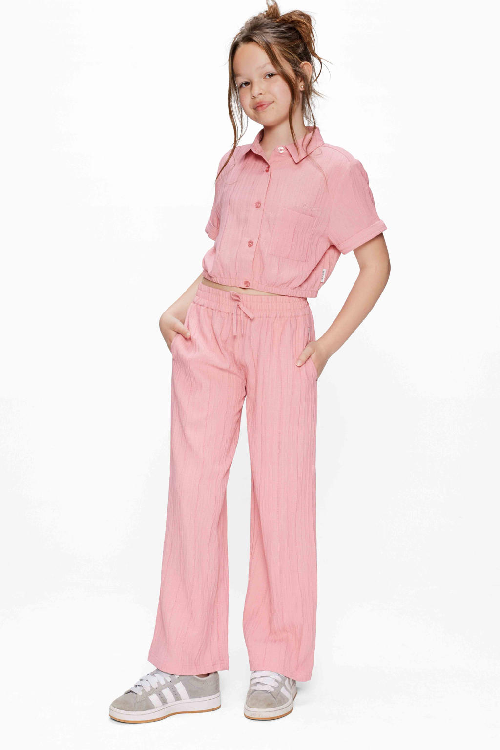 Roze meisjes Retour Jeans blouse van polyester met effen, korte mouwen, klassieke kraag, knoopsluiting en crinkle cotton