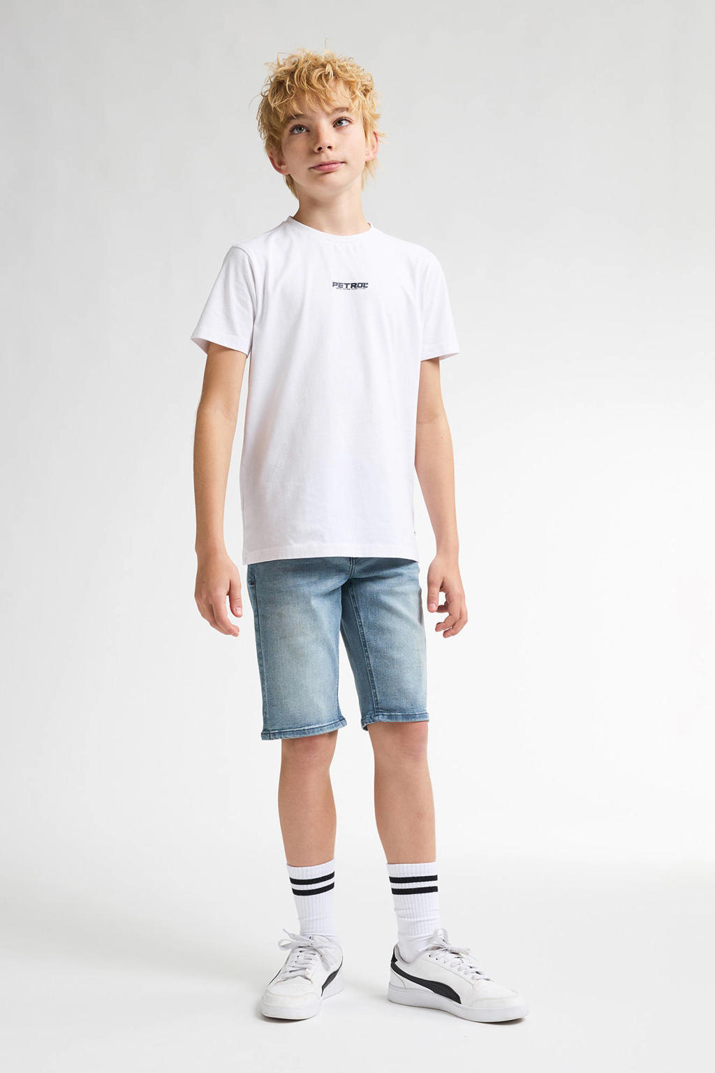 Witte jongens Petrol Industries T-shirt van katoen met logo dessin, korte mouwen en ronde hals