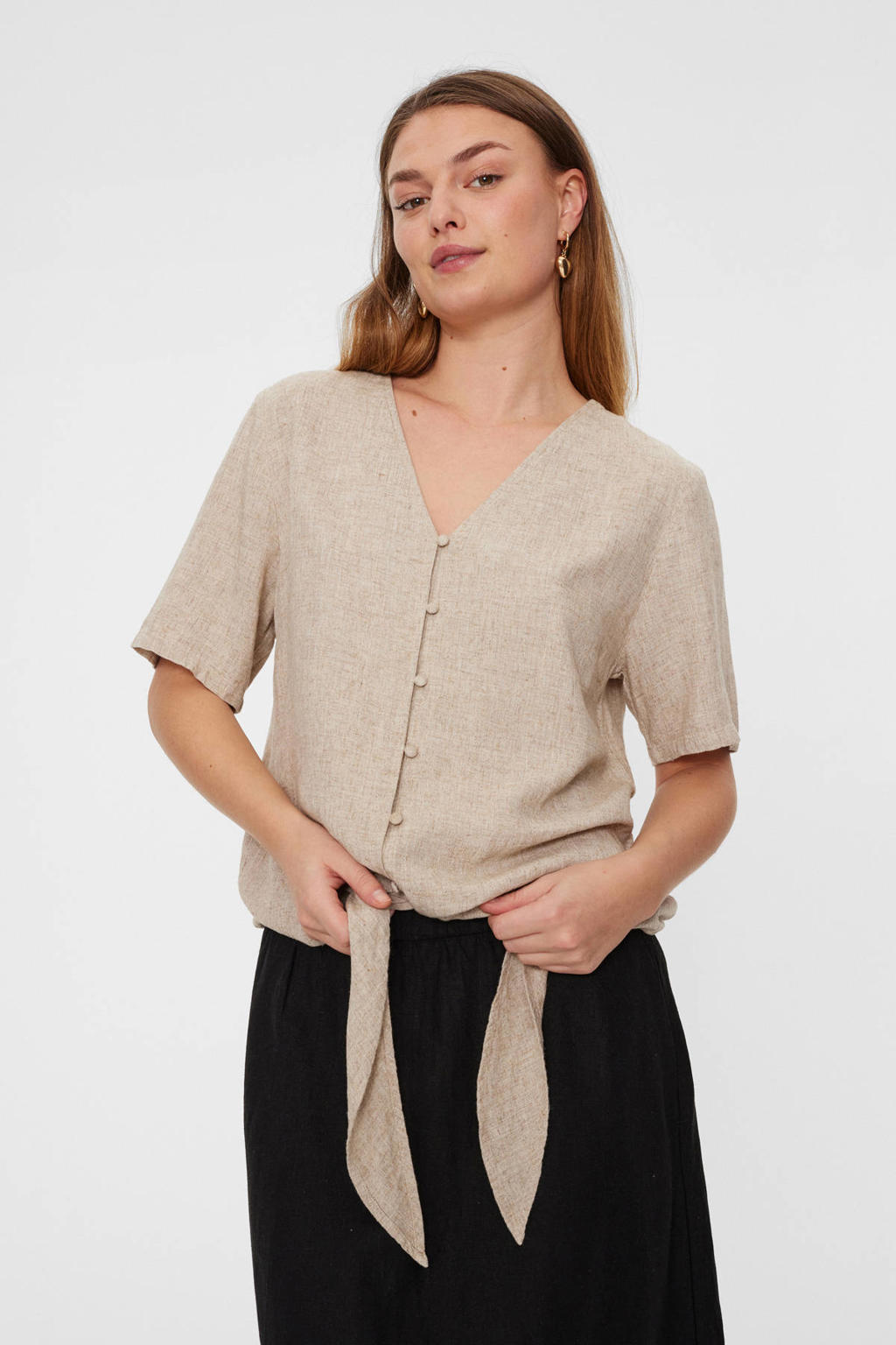 Rapbin Damesblouse met 3/4 mouwen, katoen en linnen, V-hals, knoopsluiting, effen tuniek, casual, losse pasvorm, oprolbare mouwen, zwart, L