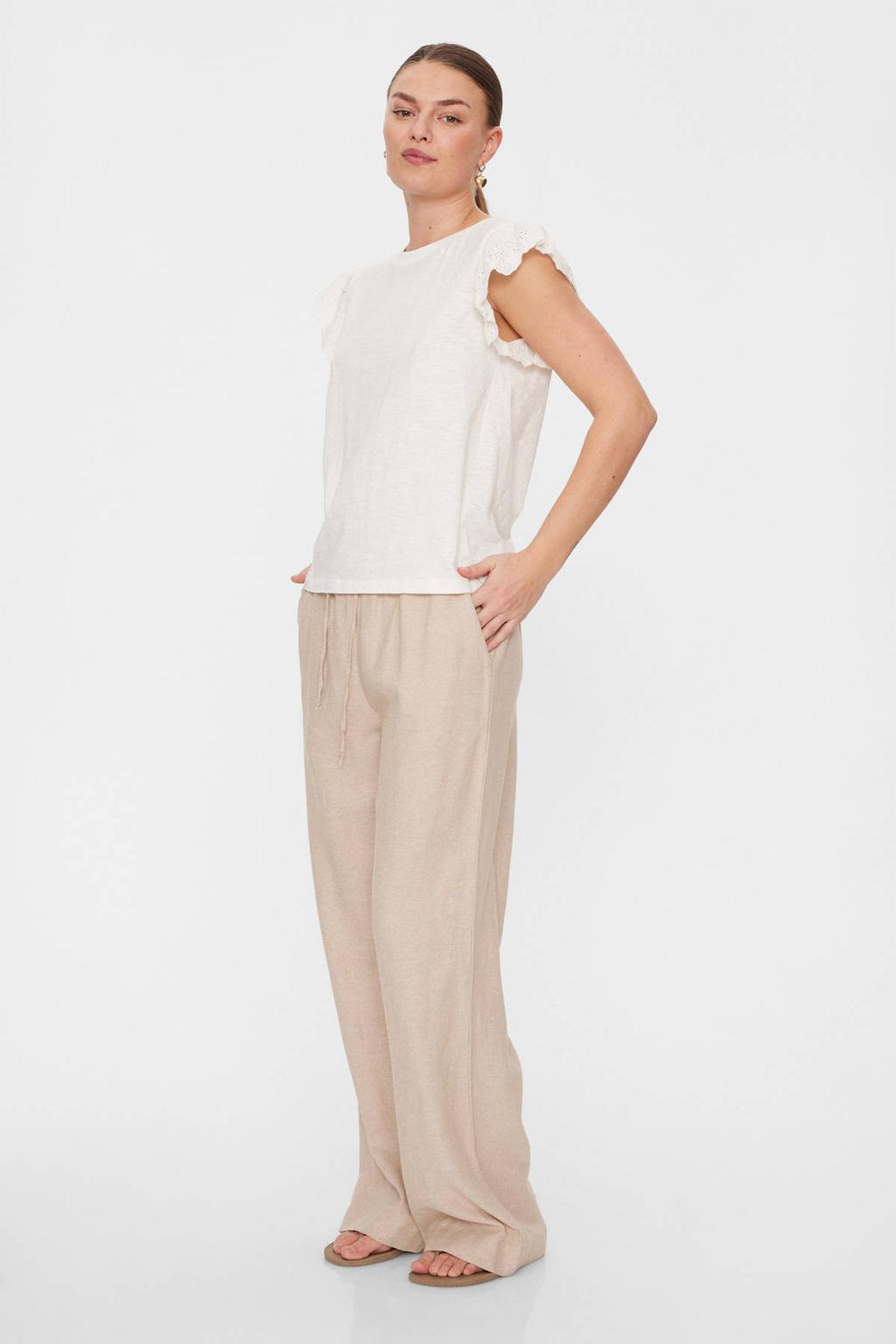 Zandkleurige dames FREEQUENT linnen wide leg regular waist broek met elastische tailleband met koord en effen