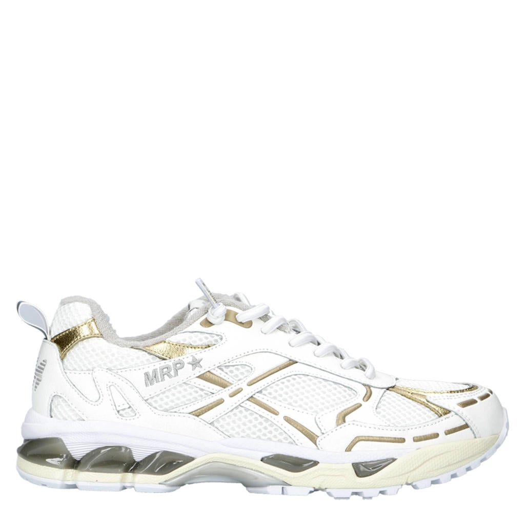 Wit en gouden dames MRP sneakers van leer, imitatieleer en textiel met veters