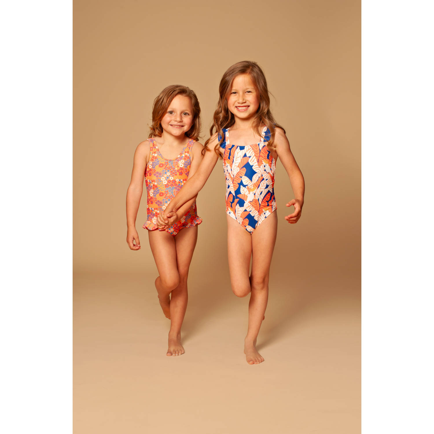 Stains&Stories badpak met ruches oranje blauw rood