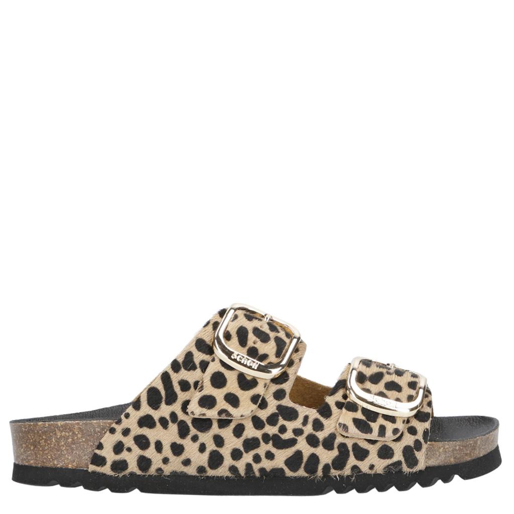 Beige en zwarte dames Scholl Noelle leren slippers met gesp en panterprint
