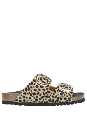 Noelle leren slippers met panterprint beige/zwart