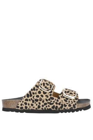 Noelle leren slippers met panterprint beige/zwart