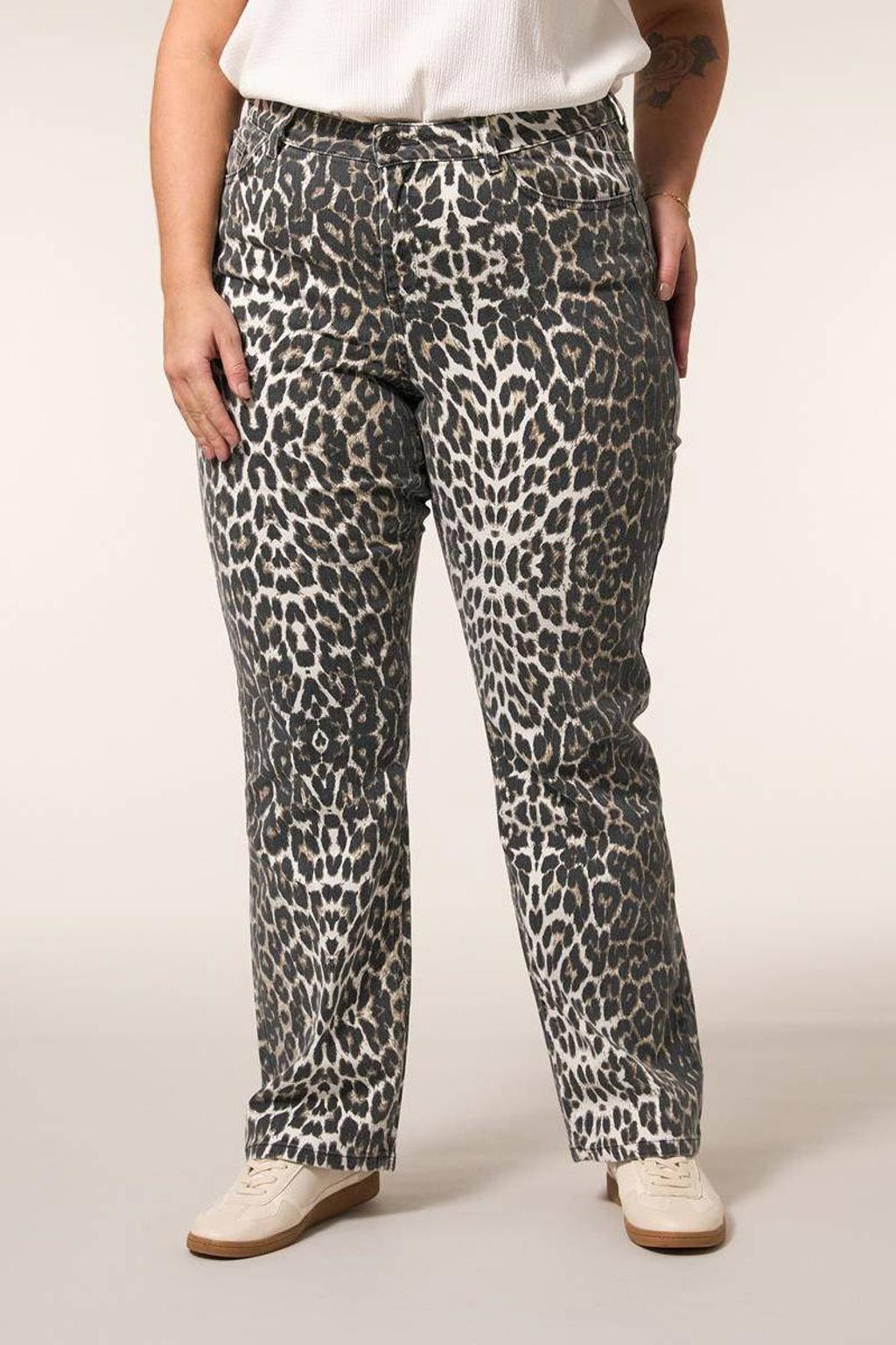 Bruine dames Miss Etam Plus straight leg jeans van katoen met rits- en knoopsluiting en dierenprint