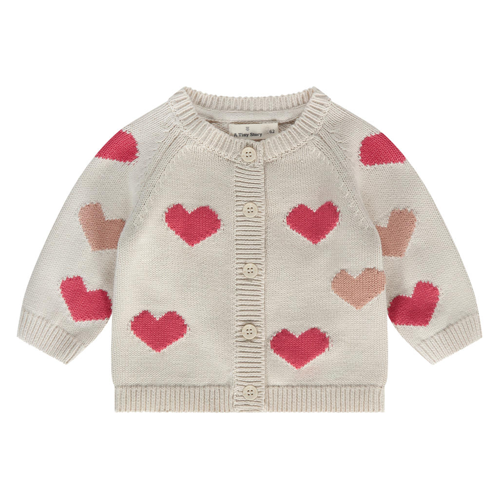 Ecru en rode meisjes A Tiny Story gebreid vest van katoen met lange mouwen, ronde hals en knoopsluiting