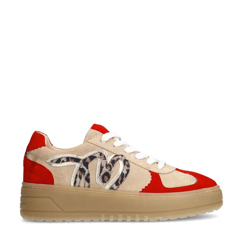 Beige en rode dames Manfield suède sneakers met plateauzool en veters