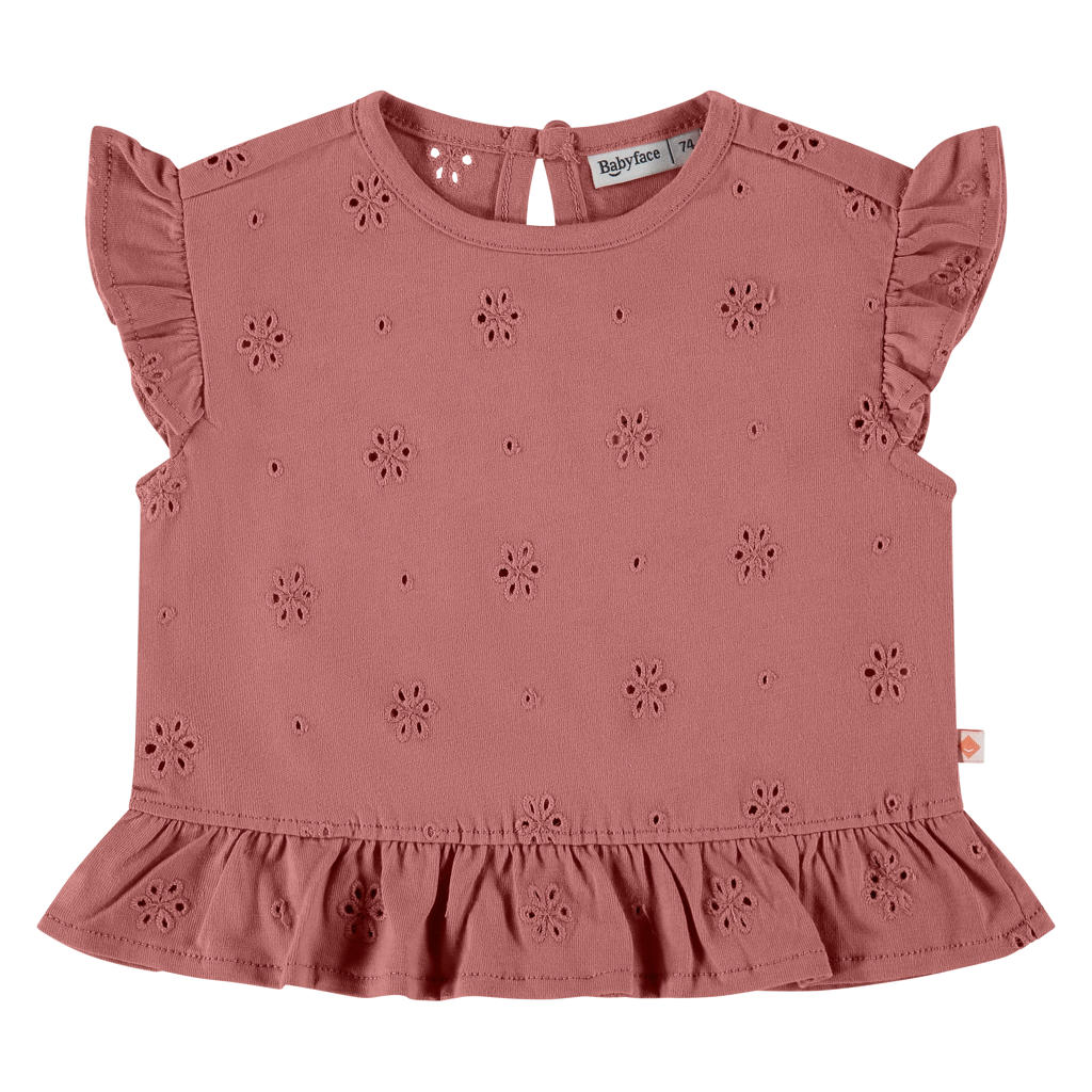 Oudroze meisjes Babyface T-shirt broderie van katoen met effen, korte mouwen, ronde hals en knoopsluiting