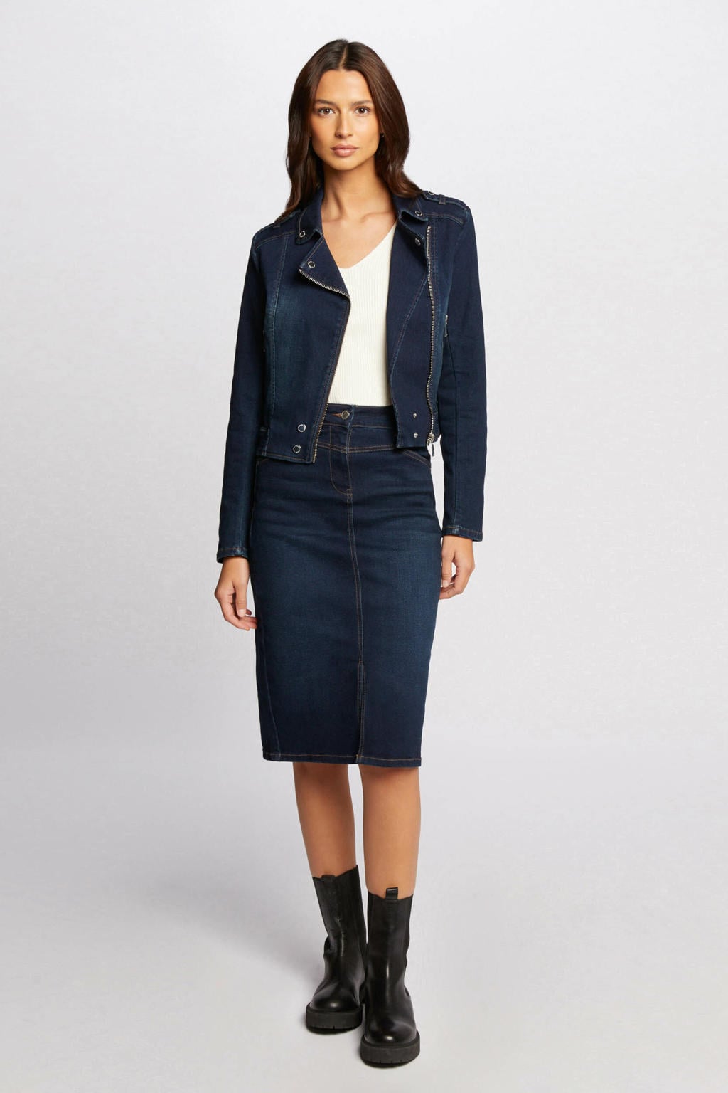 Dark blue denim dames Morgan kokerrok dark blue gemaakt van katoen en met rits- en knoopsluiting