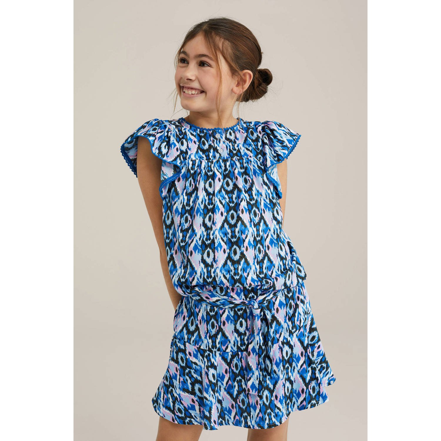 WE Fashion blousetop blauw roze zwart