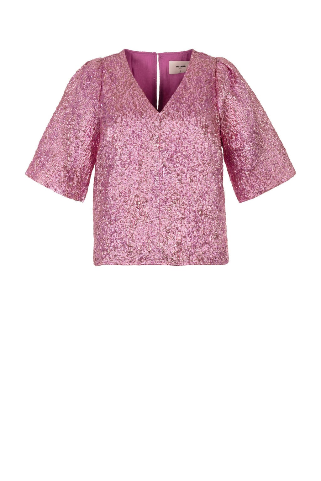 Roze dames Freebird blousetop van polyester met effen, half lange mouwen, V-hals en glitters
