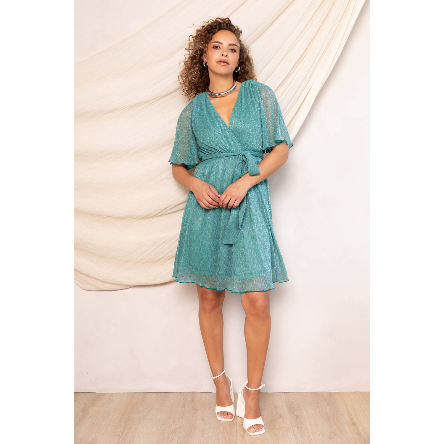 Freebird korte jurk met glitter turquoise