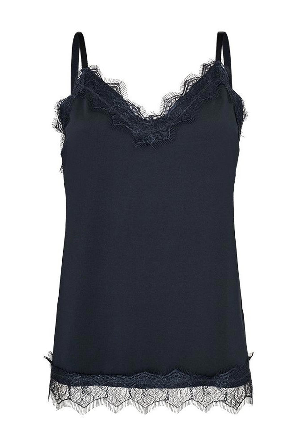 Marineblauw dames FREEQUENT spaghettitop FQBICCO blauw van polyester met effen, spaghettibandjes, V-hals en kant