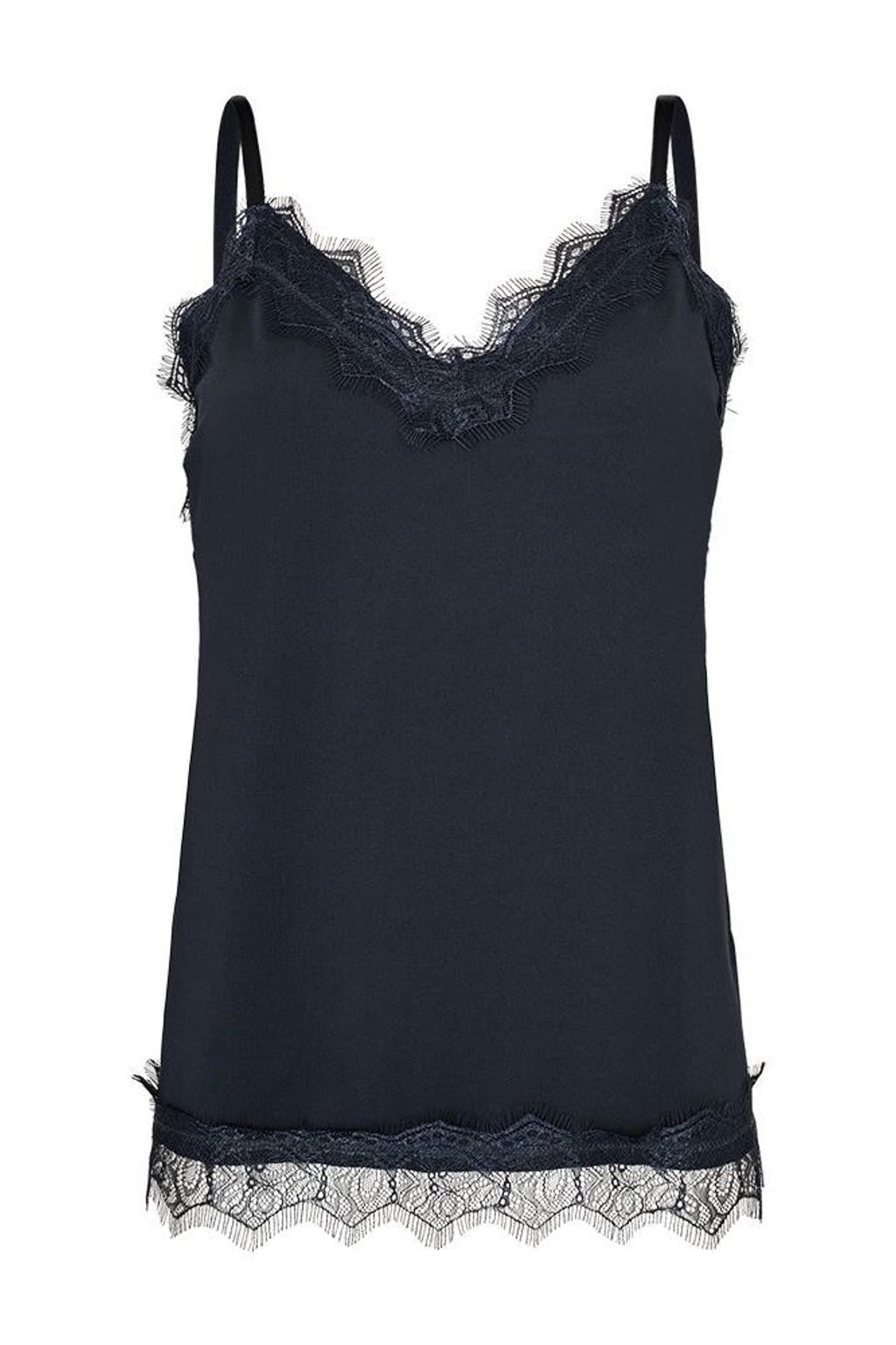 Marineblauw dames FREEQUENT spaghettitop van polyester met effen, spaghettibandjes, V-hals en kant