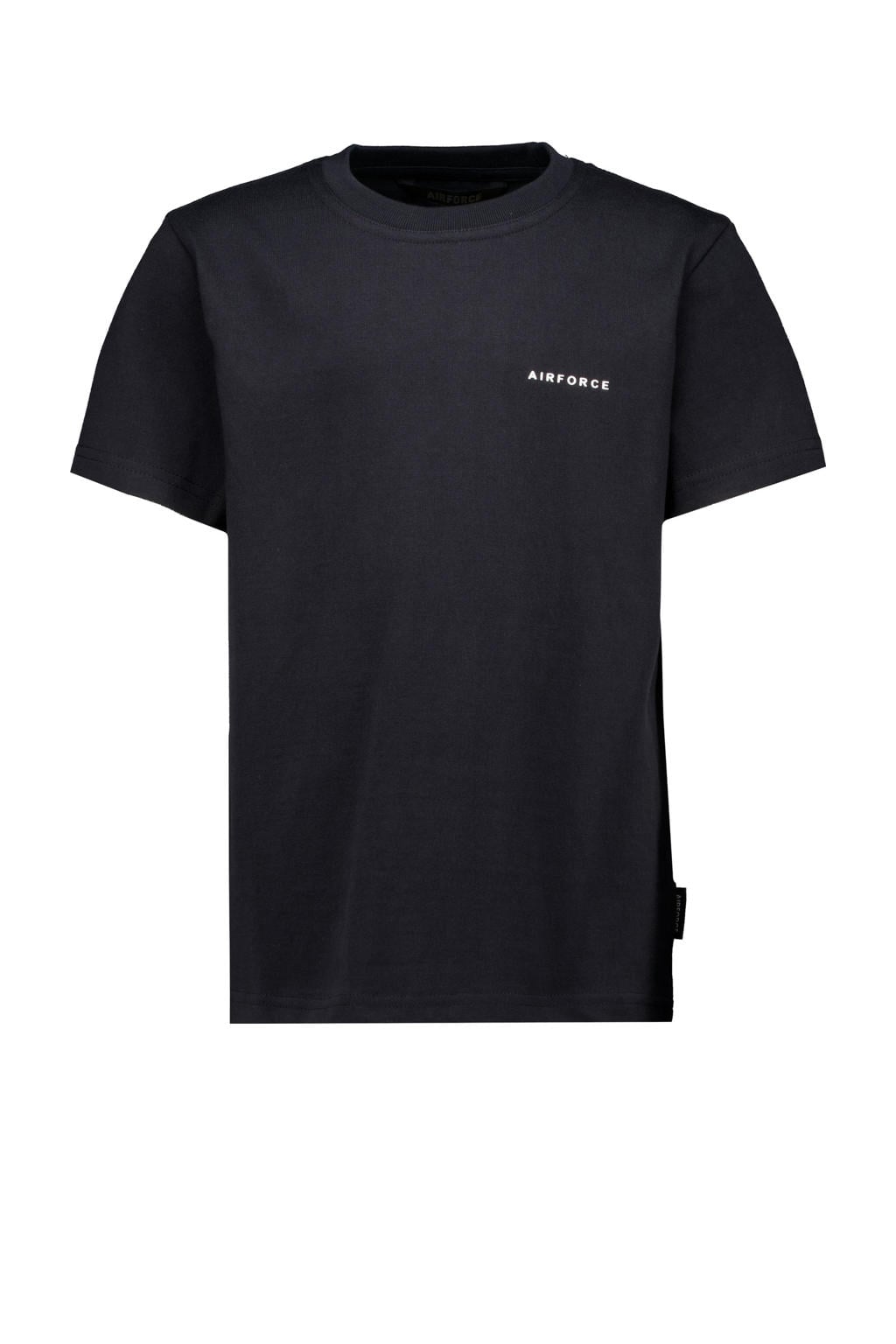 Zwarte jongens Airforce T-shirt van katoen met effen, korte mouwen en ronde hals
