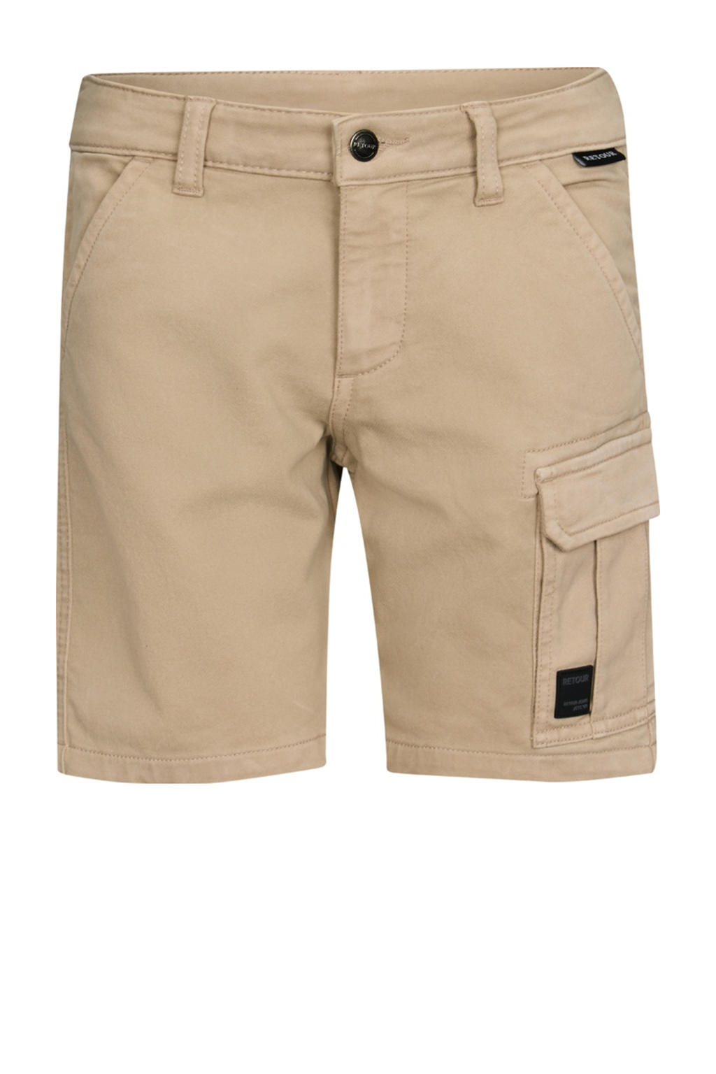 Zandkleurige jongens Retour Jeans straight cargo short van stretchkatoen met regular waist, rits- en knoopsluiting en effen