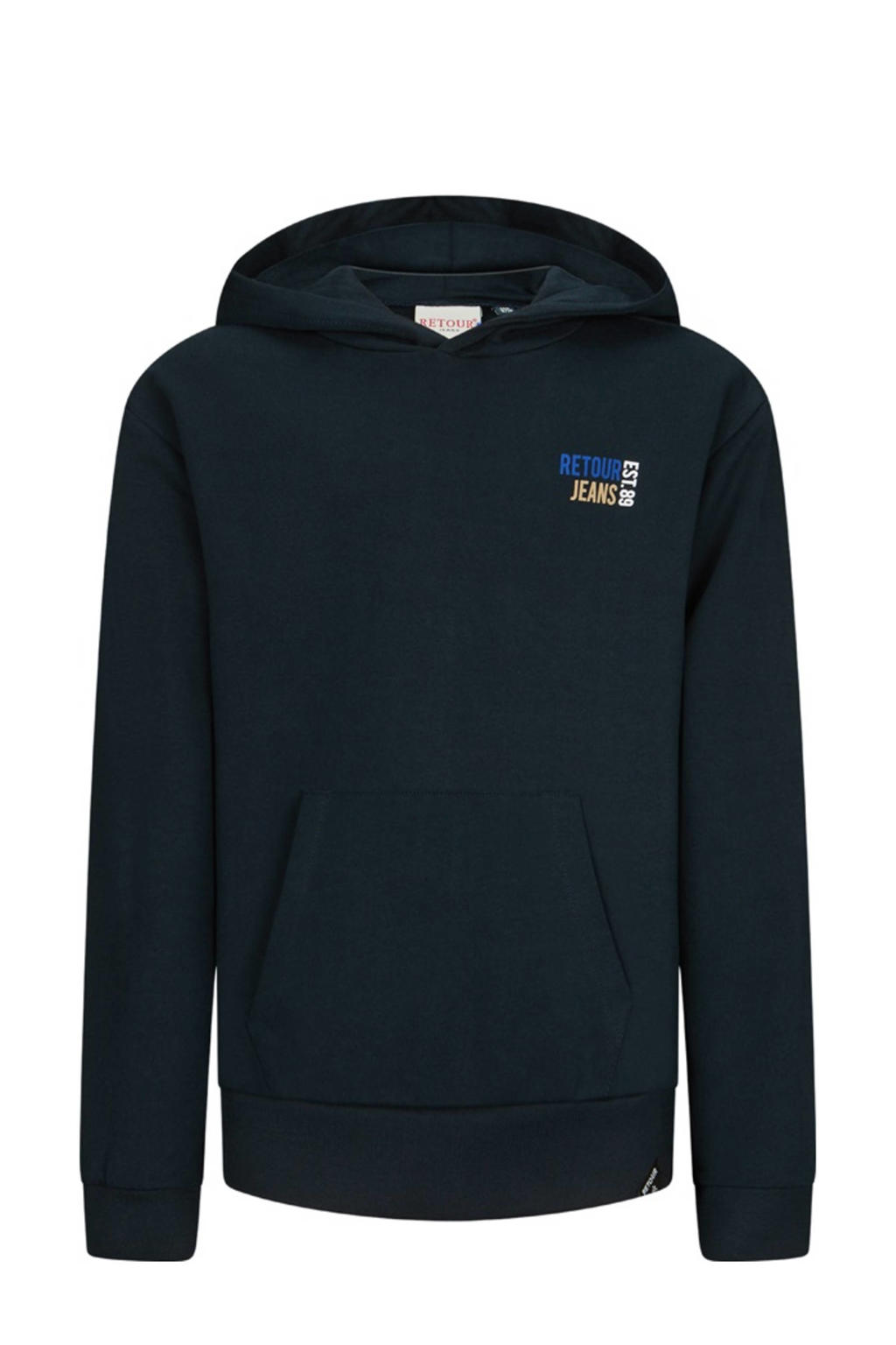 Donkerblauwe jongens Retour Jeans hoodie van stretchkatoen met effen, lange mouwen en capuchon