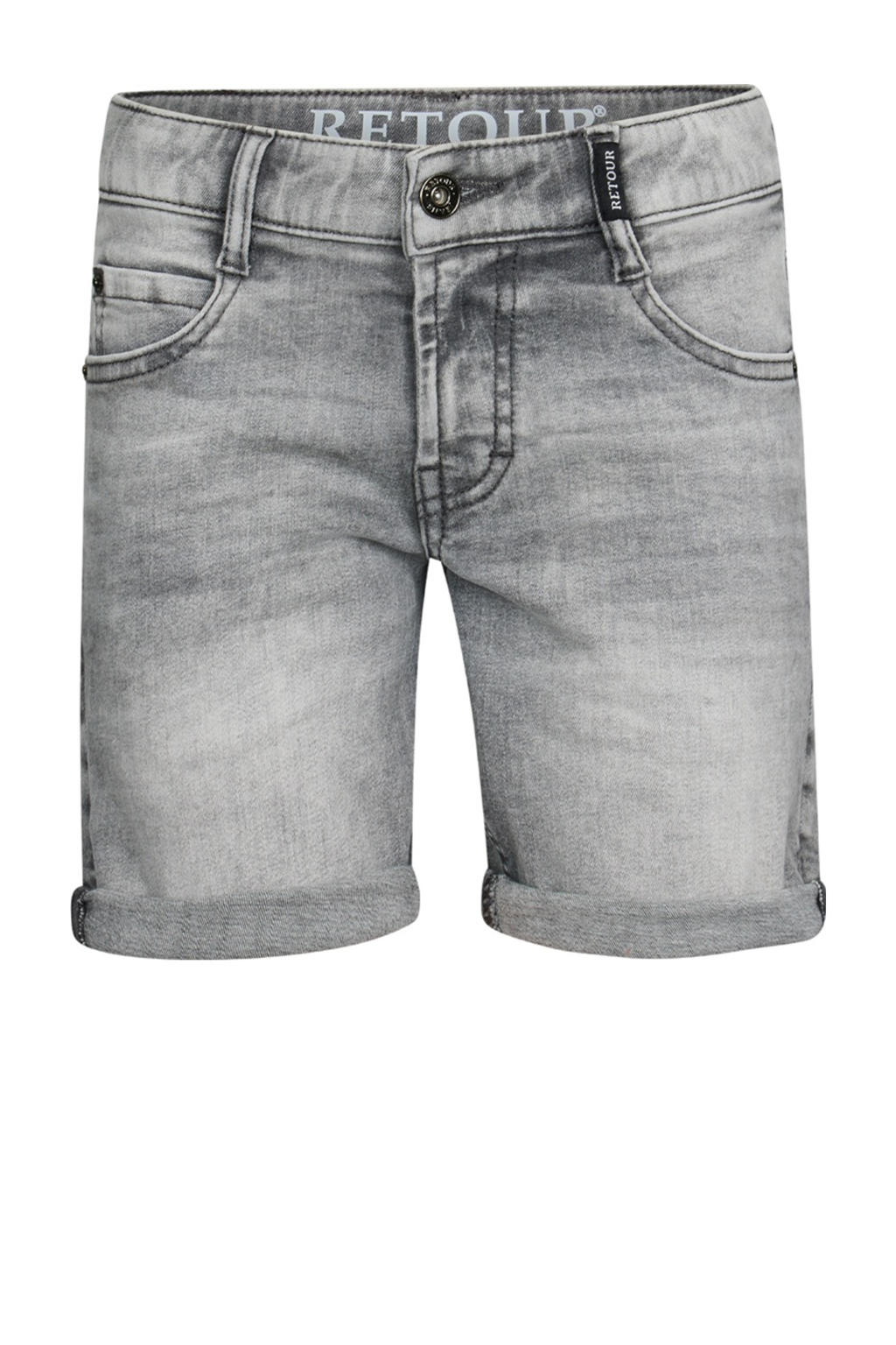 Grey denim jongens Retour Jeans regular short van stretchdenim met rits- en knoopsluiting en effen