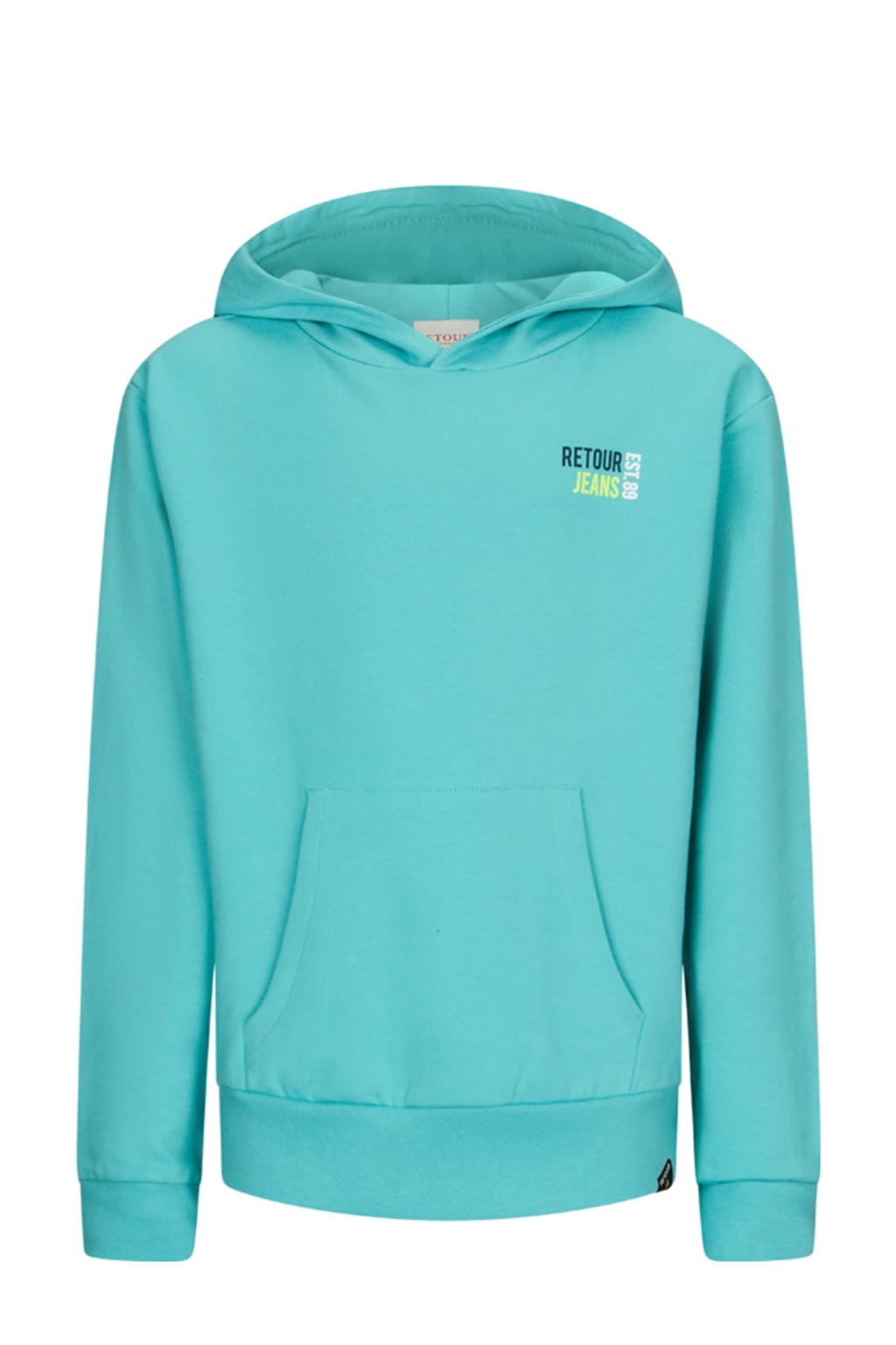 Turquoise jongens Retour Jeans hoodie van stretchkatoen met effen, lange mouwen en capuchon