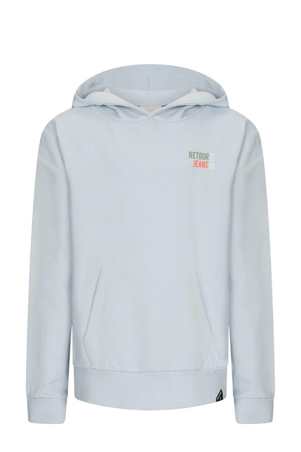 Lichtblauwe jongens Retour Jeans hoodie van stretchkatoen met effen, lange mouwen en capuchon