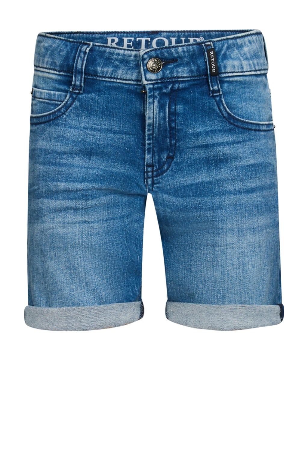 Medium blue denim jongens Retour Jeans regular short van stretchdenim met rits- en knoopsluiting en effen