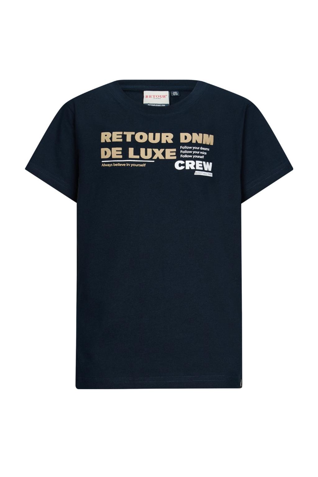 Donkerblauwe jongens Retour Jeans T-shirt van katoen met printopdruk, korte mouwen en ronde hals