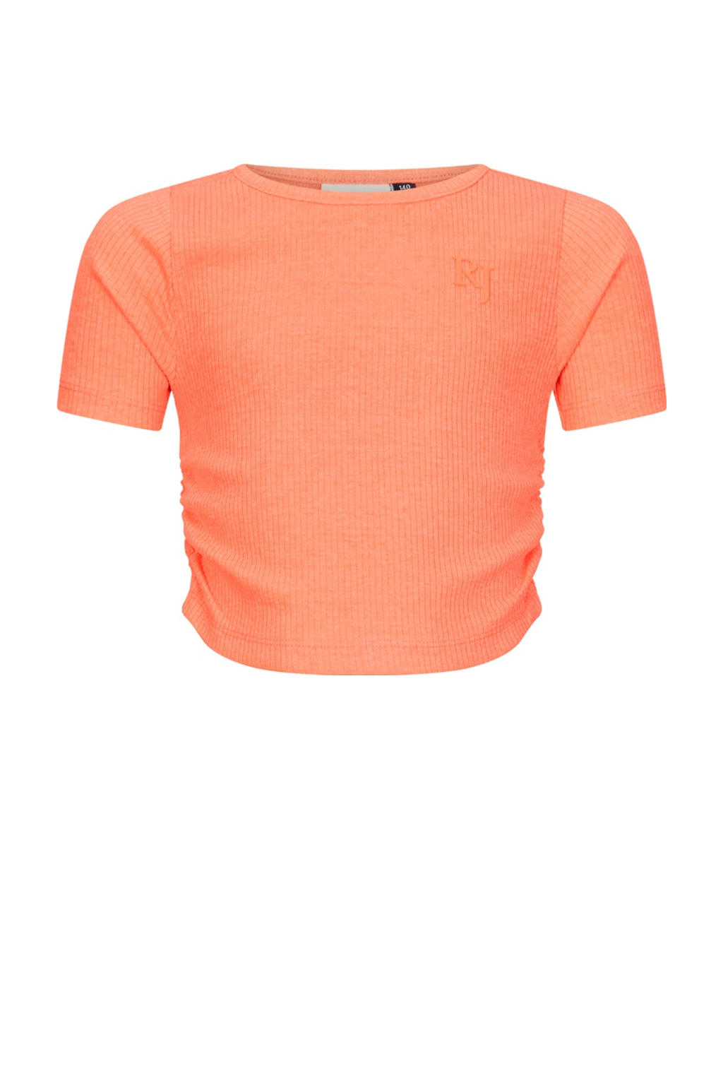 Oranje meisjes Retour Jeans T-shirt van katoen met printopdruk, korte mouwen, ronde hals en smockwerk