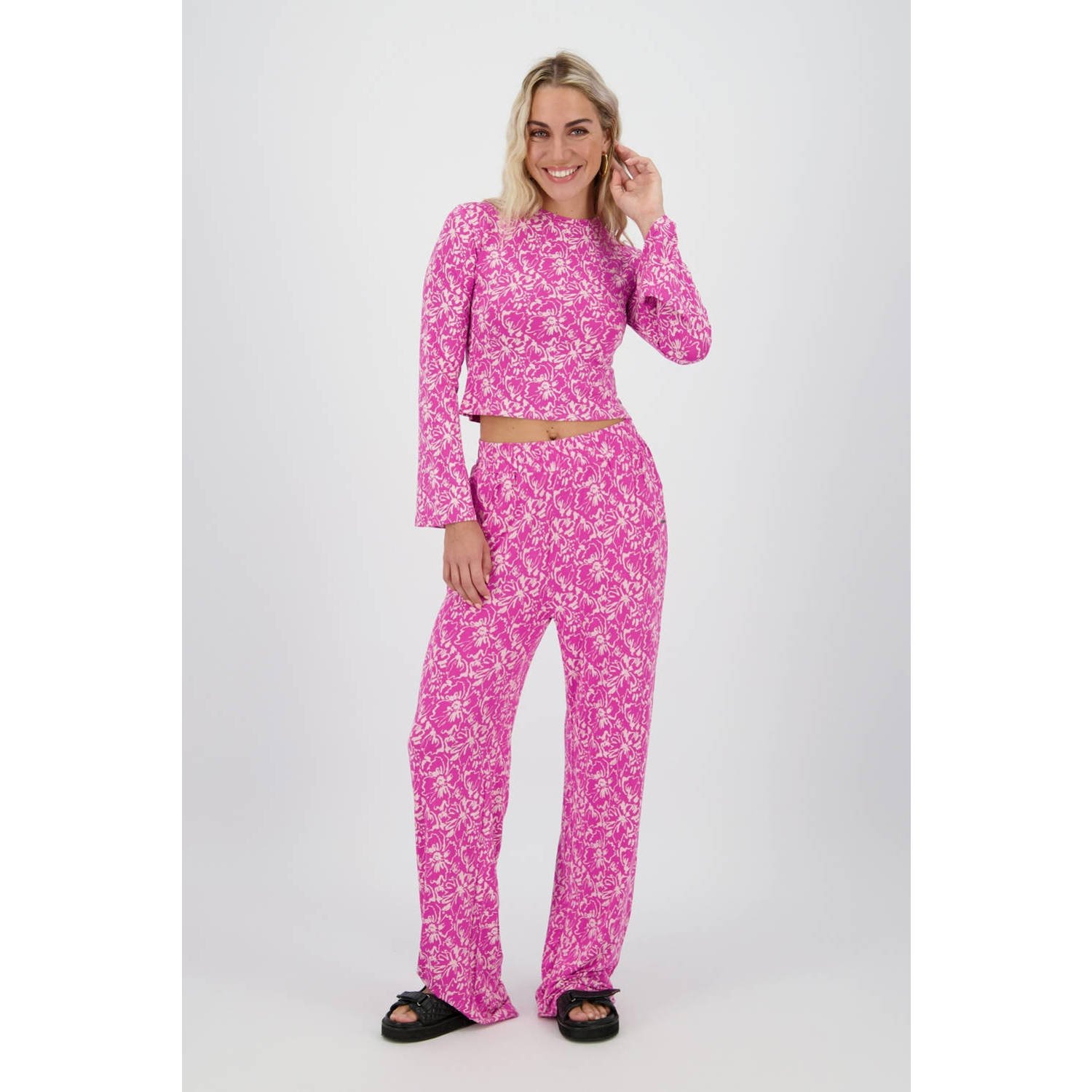 Raizzed wide leg regular waist broek roze