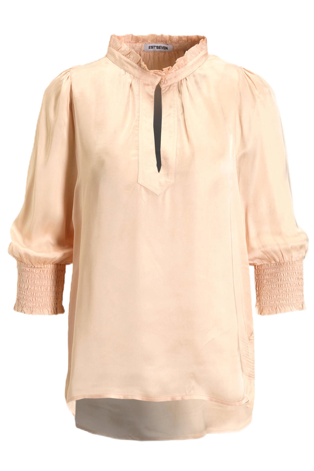 Lichtroze dames Est'seven blouse van polyester met effen, driekwart mouwen, opstaande kraag, knoopsluiting en smockwerk